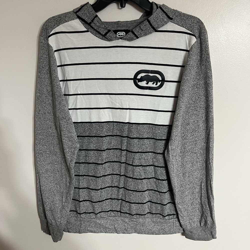 Ecko Unlimited Men's Medium Striped Pullover Hoodie Gray & White Logo‎